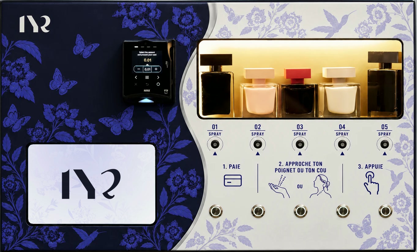 Façade du distributeur LYR : écran tactile, paiement sans contact, vitrine de 5 parfums et 5 buses