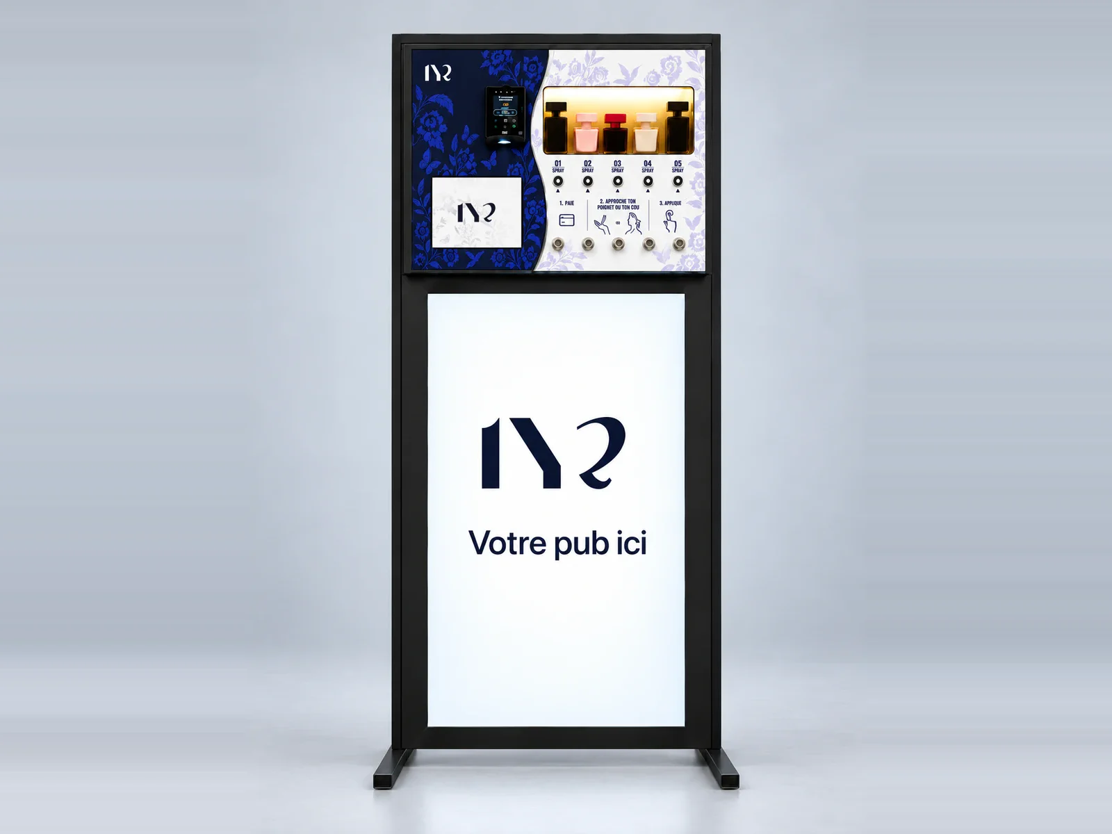 Distributeur LYR sur sa borne avec écran publicitaire, vue de face