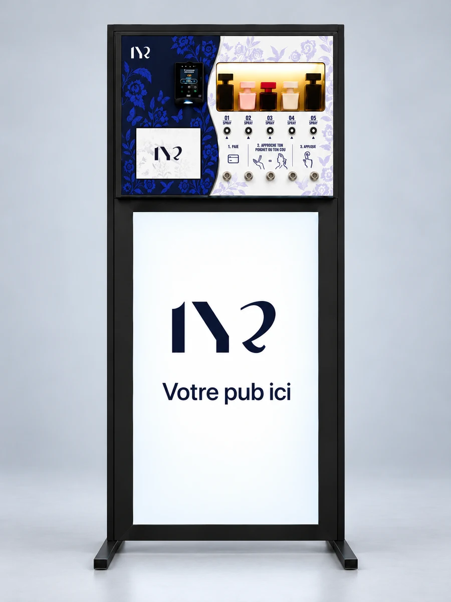 Borne LYR : le distributeur de parfums au-dessus d'un grand écran publicitaire