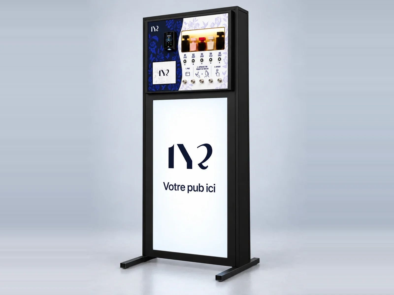 Distributeur de parfums LYR posé sur sa borne avec écran publicitaire